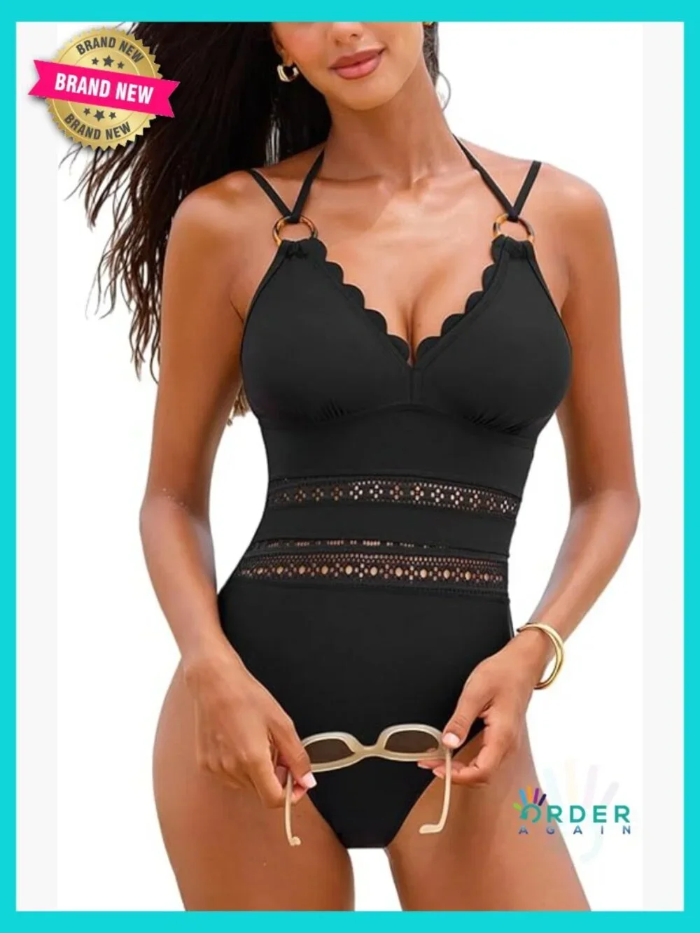 Scalloped V Neck One Piece Swimsuit Mesh Cutout Back Tie Adjustable Straps
